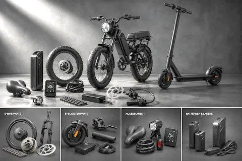 Mörkt studiofoto med fatbike, elsparkcykel och lösa delar som batteri, hjul, display och bromsskiva