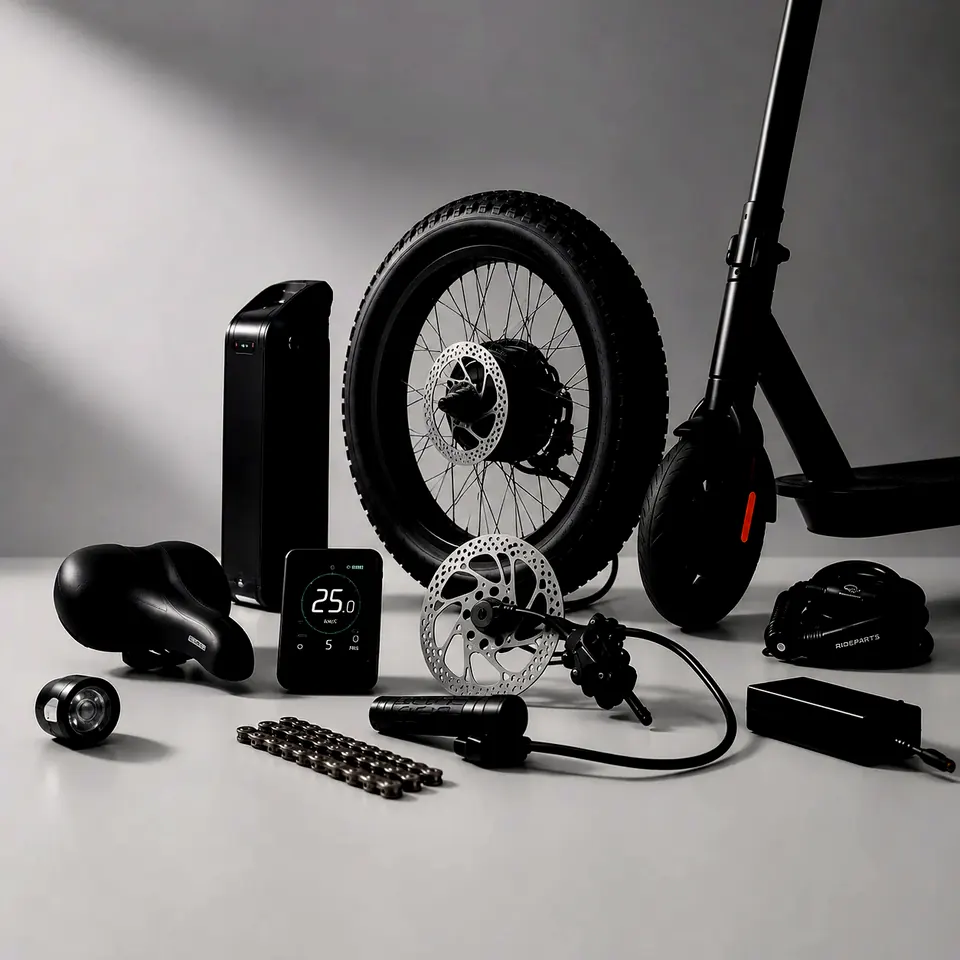 Ljust studiofoto med fatbike-hjul, batteri, display och elsparkcykel