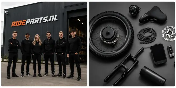 RideParts-teamet med sex medarbetare framför RIDEPARTS.NL-lagret