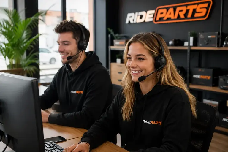 Två RideParts-medarbetare med headset hjälper kunder